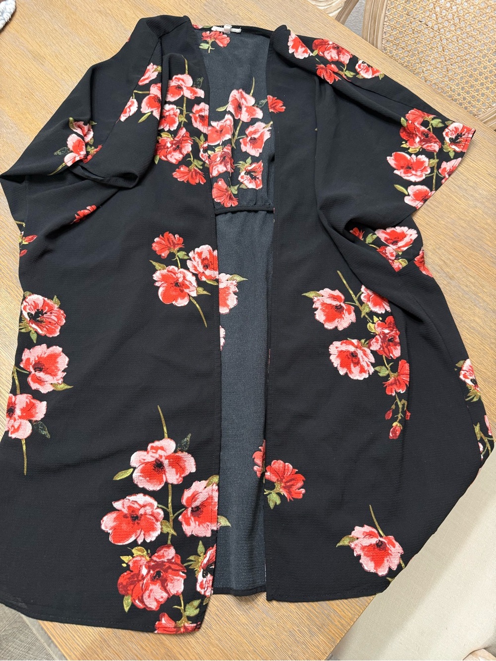 Maurices Black Floral Open-Front Kimono with Red Flowers